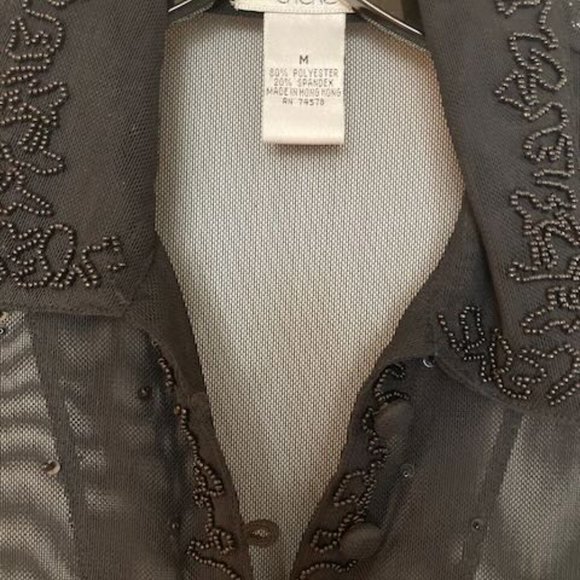 Cache sheer, beaded long sleeve button front top Women's Size M - Picture 3 of 4